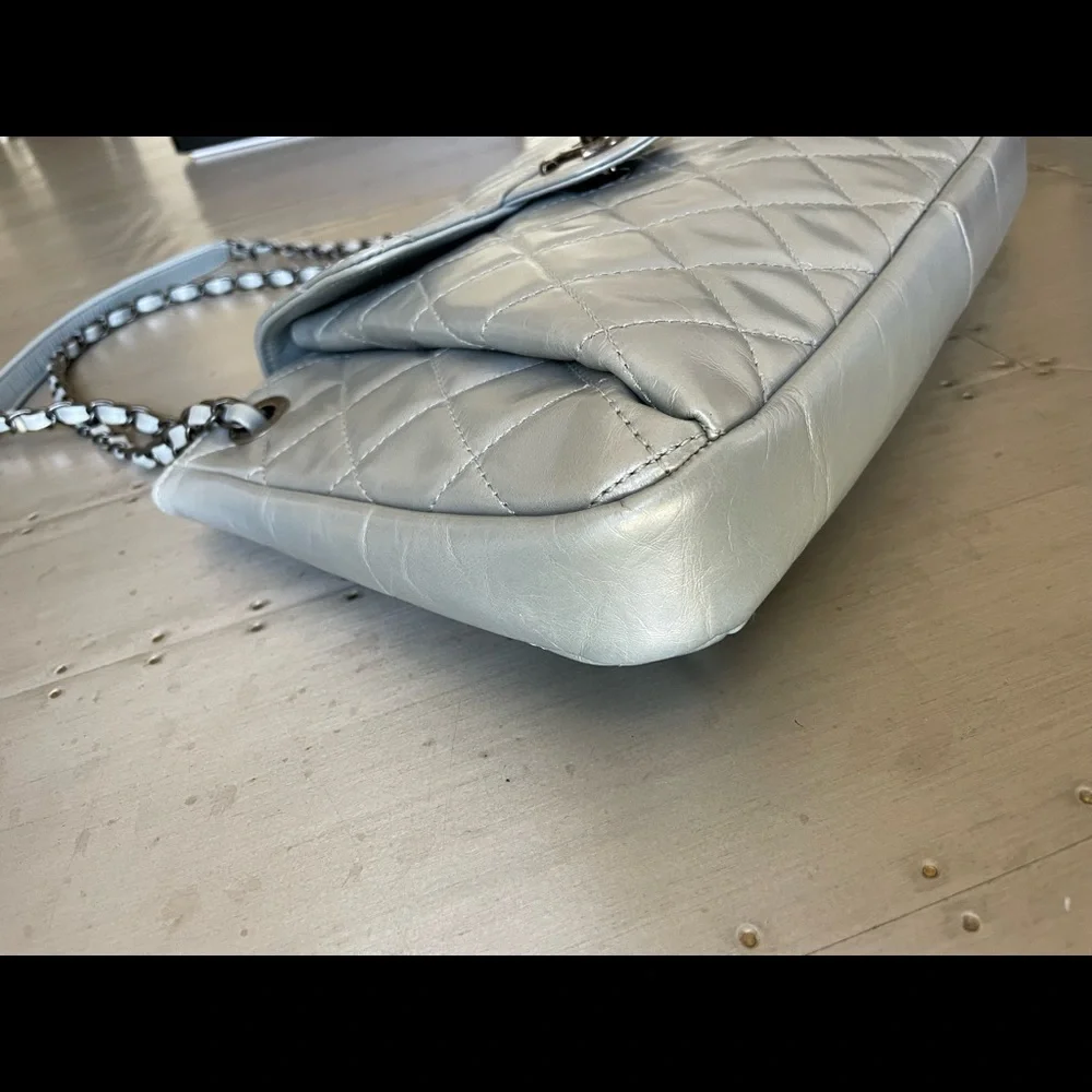 Chanel accordion bag gray light blue calfskin shoulder bag purse crossbody